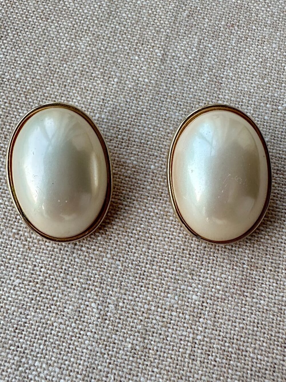 Vintage Style Faux Pearl Oval Clip-On Earrings Gold Tone Statement 1.25”